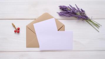 Wedding Card Envelope Mockup with Red Berries and Lavender Bouquet on White Wooden Texture Table Top. . photo