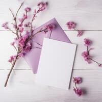 Wedding Card Envelope Mockup and Purple Cherry Blossom Branch on Wooden Texture Table Top. . photo