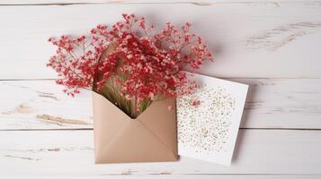 Floral Bouquet Inside Kraft Envelope, Paper Mockup on Wooden Table Top, . photo