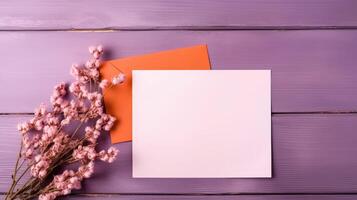 Top View of Greeting Card, Envelope Mockup with Copy Space and Baby's Breath Flower Branch on Purple Wooden Table. . photo