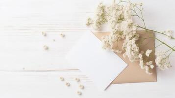 Blank White Paper Card, Envelope Mockup and Tiny Flowers or Gypsophila Branch on Wooden Table Top, . photo