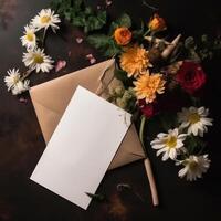 Blank Paper Card, Brown Envelope Mockup and Floral Decorations on Table Top. . photo