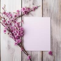 Blank White Paper Card Mockup and Beautiful Cherry Flower Branch Flat Lay on Wooden Table Top, . photo