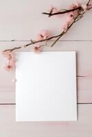 Top View of Blank White Paper Card Mockup and Blossom Branch on Wooden Table, . photo