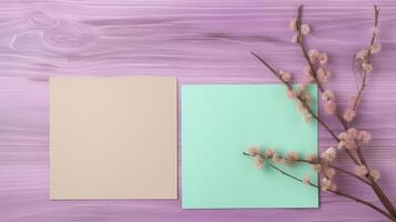 Top View of Two Color Blank Paper Sticky or Cards Mockup and Dried Floral Branch on Wooden Table. . photo