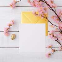 Top View of Greeting Card, Envelope Mockup, Golden Egg and Cherry Blossom Branch on Wooden Table, . photo