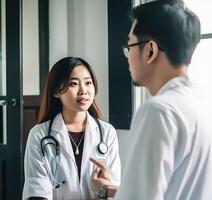 recortado imagen de asiático masculino y hembra médico hablando cada otro en hospital pasillo, generativo ai. foto