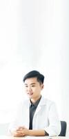 Cropped Image of Asian Male Doctor Sitting at Workplace in Hospital, Vertical Banner Design. . photo