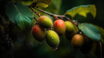 cerca Disparo de kiwis en árbol rama, orgánico antecedentes creado por generativo ai tecnología. foto