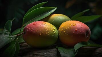 Beautiful Organic Background of Fresh Marian Plum, Mango or Plango with Green Leaves and Water Droplets. Created By Technology. photo