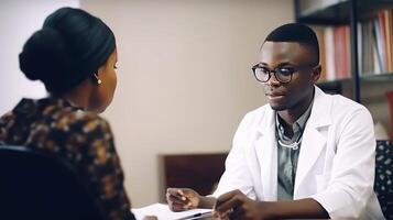 de cerca retrato de africano masculino médico explicando a hembra paciente a lugar de trabajo en hospital, generativo ai. foto