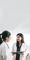 Portrait of Female Doctors Talking Each Other at Workplace in Hospital or Clinic. Vertical Banner Design, . photo