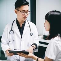 Closeup Portrait of Asian Male Doctor Talking with Female Colleague in Hospital, . photo