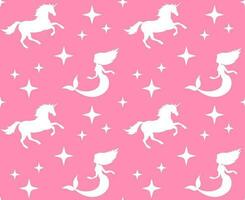 Seamless pattern of unicorn and mermaid on pink vector