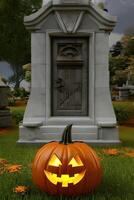 A Jack O' lantern in front of the entrance to a crypt in a cemetery - photo