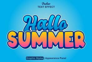 hello summer text effect with blue color graphic style and editable. vector