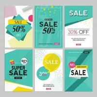 Modern pink, green and yellow sales brochure set. Advertise sales and discounts on various merchandise. Vector