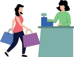 Girl stands at cash counter with shopping bags. vector