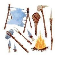 Prehistoric weapons. Set of caveman tools. Primitive spear and stone axe. Bonefire and Leather. Equipment for hunting. Archaeological and barbaric weapon. vector