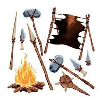 Prehistoric weapons. Set of caveman tools. Primitive spear and stone axe. Bonefire and Leather. Equipment for hunting. Archaeological and barbaric weapon. vector