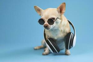 brown chihuahua dog wearing sunglasses and headphones around neck, sitting  on blue  background.  Summertime  traveling concept. photo