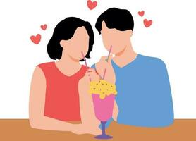 A boy and a girl are drinking juice from a glass. vector