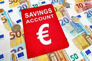 Savings account passbook atop of a stack of Euros photo