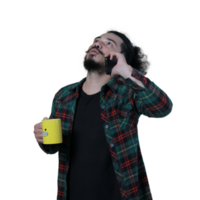 expression of curly haired man holding a coffee cup png