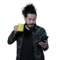 expression of curly haired man holding a coffee cup png