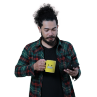 expression of curly haired man holding a coffee cup png