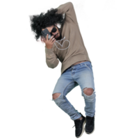 man poses jumping curly hair without background png