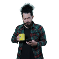 expression of curly haired man holding a coffee cup png