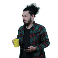 expressão do encaracolado cabelos homem segurando uma café copo png