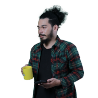 expression of curly haired man holding a coffee cup png