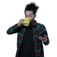 expression of curly haired man holding a coffee cup png