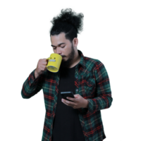 expression of curly haired man holding a coffee cup png