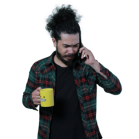 expression of curly haired man holding a coffee cup png