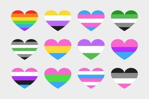 Set of 12 vector hearts in colors of different LGBTQ flag colors. Tolerance, pride month, non-binary. Bisexual, gender fluid, gender queer, etc.