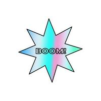 Holographic sticker in the form of an eight pointed star with the inscription Boom. 90s style gradient foil vector sticker isolated on white background.