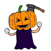 Pumpkin Head Witch Cartoon With an Ax On His Head On Transparent Background png