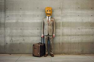 Portrait of Businessman Covering His Face from Sad Mask in Standing Pose Beside Suitcase on Outdoor Area. Generative AI. photo