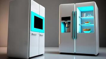 Kitchen with smart appliances with display screen and a smart oven with voice-controlled settings, concept of Smart Home and Artificial Intelligence, created with technology photo