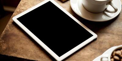 Digital tablet, screen mock up with coffee cups on wooden table. photo