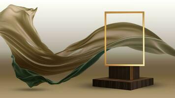 3D Render of Blank Golden Rectangle Frame Stand Mockup And Floating Silk Fabric On Pastel Brown Background. photo