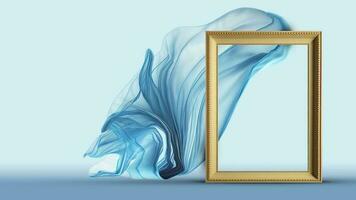 3D Render of Blank Golden Rectangle Frame Mockup On Blue Silk Fabric Flowing Background. photo