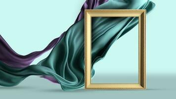 3D Render of Blank Golden Frame Mockup Against Teal And Purple Floating Silk Cloth Background. photo