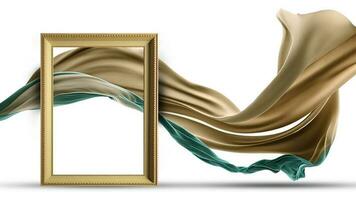 3D Render of Blank Golden Frame Mockup Against Floating Silk Fabric. photo