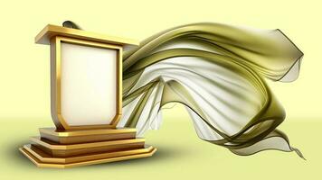 3D Render of Blank Golden Frame Stand or Trophy Mockup And Floating Silk Fabric On Yellow Background. photo