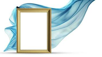 3D Render of Blank Golden Rectangle Frame Mockup And Floating Blue Silk Fabric Background. photo