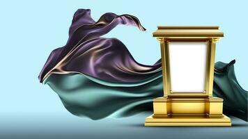 3D Render of Blank Golden Frame Stand Mockup And Floating Silk Fabric Against Pastel Cyan Background. photo